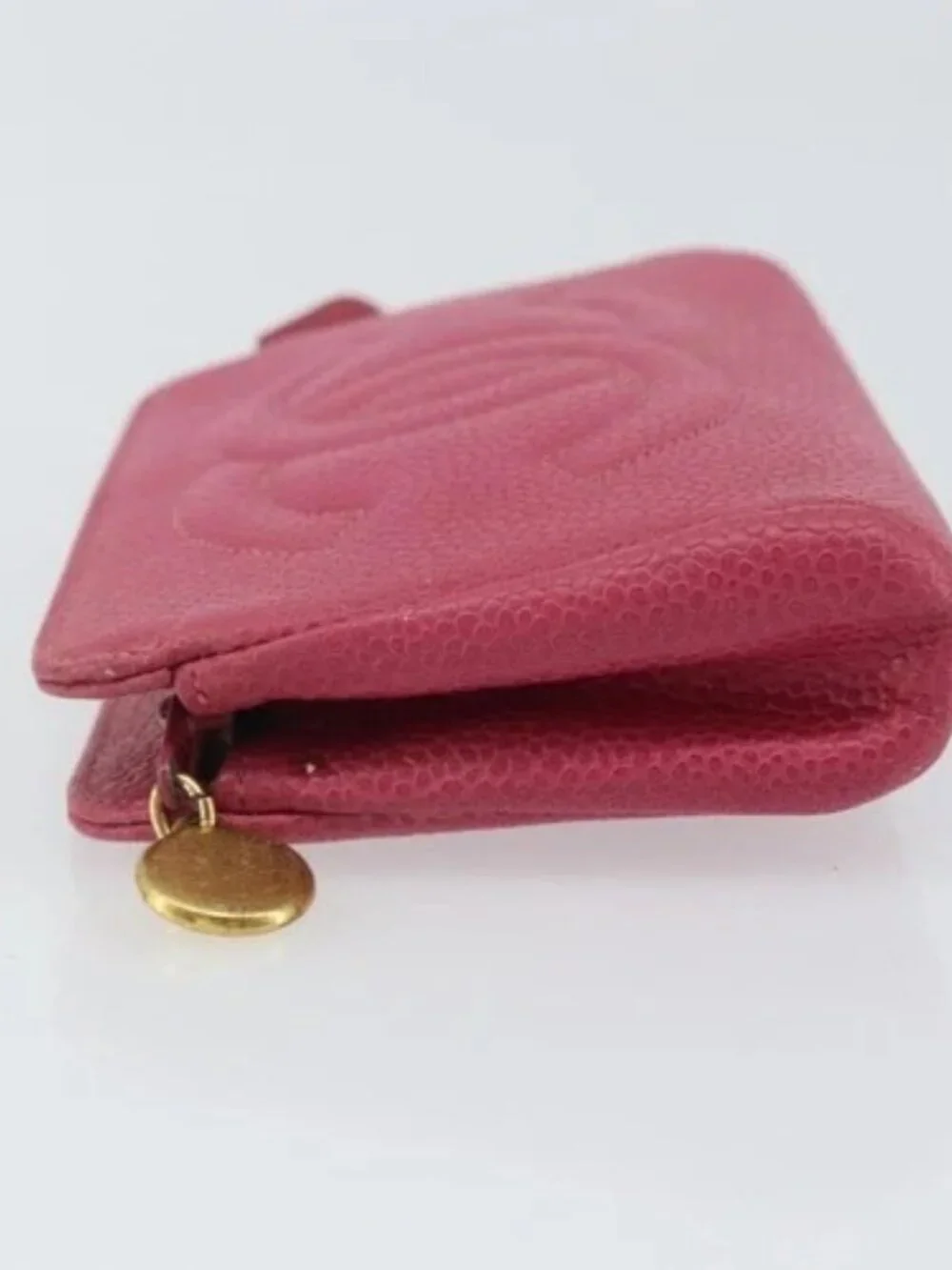 CHANEL COCO Mark Pouch Grained Calf Skin Pink Gold CC Auth 163727